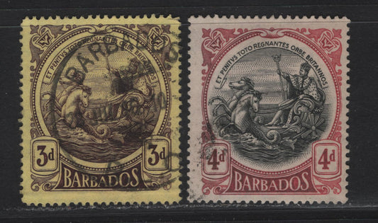 Lot 19 (C)  Barbados #186, 199 3d Purple On Yellow, 4d Black & Red, 1916-1930 King George V Large Colonial Badge Definitives Issue, 2 F & VF OG SIngles