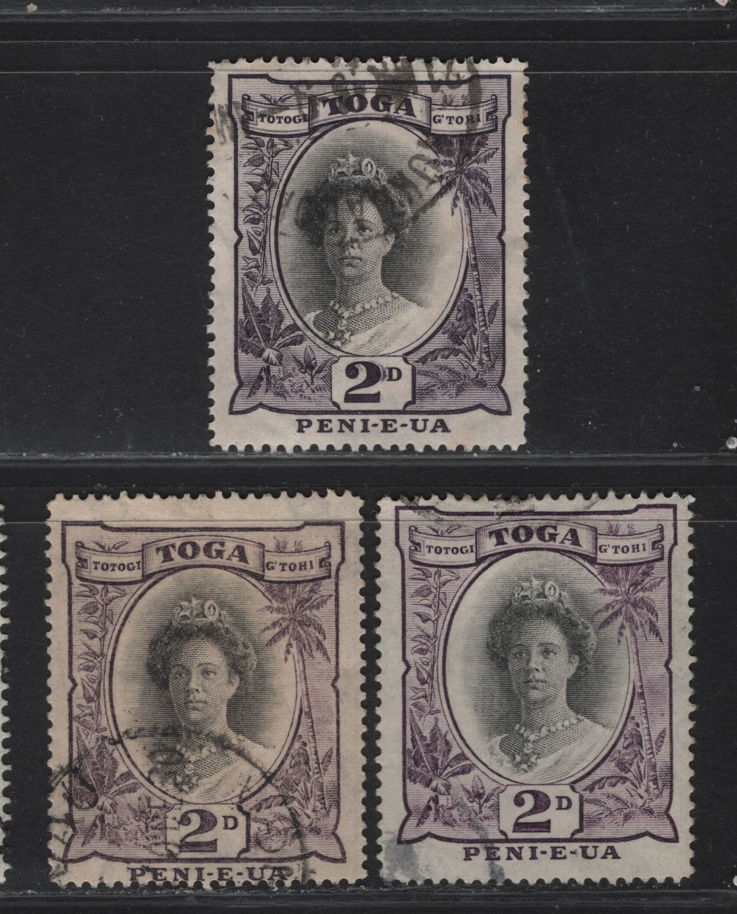 Lot 191 (C) Tonga SG#57c-e 2d Black & Slate Violet/Deep Purple/Blackish Lilac Queen Salote, 1920-1933 Pictorial Issue, 3 Fine/Very Fine Used Singles, Dies 1 & 2, Tortoises Wmk