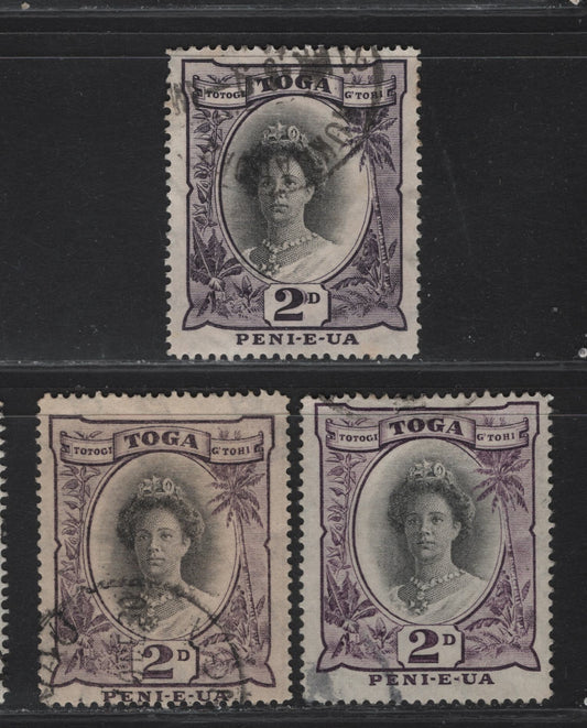 Lot 191 (C) Tonga SG#57c-e 2d Black & Slate Violet/Deep Purple/Blackish Lilac Queen Salote, 1920-1933 Pictorial Issue, 3 Fine/Very Fine Used Singles, Dies 1 & 2, Tortoises Wmk