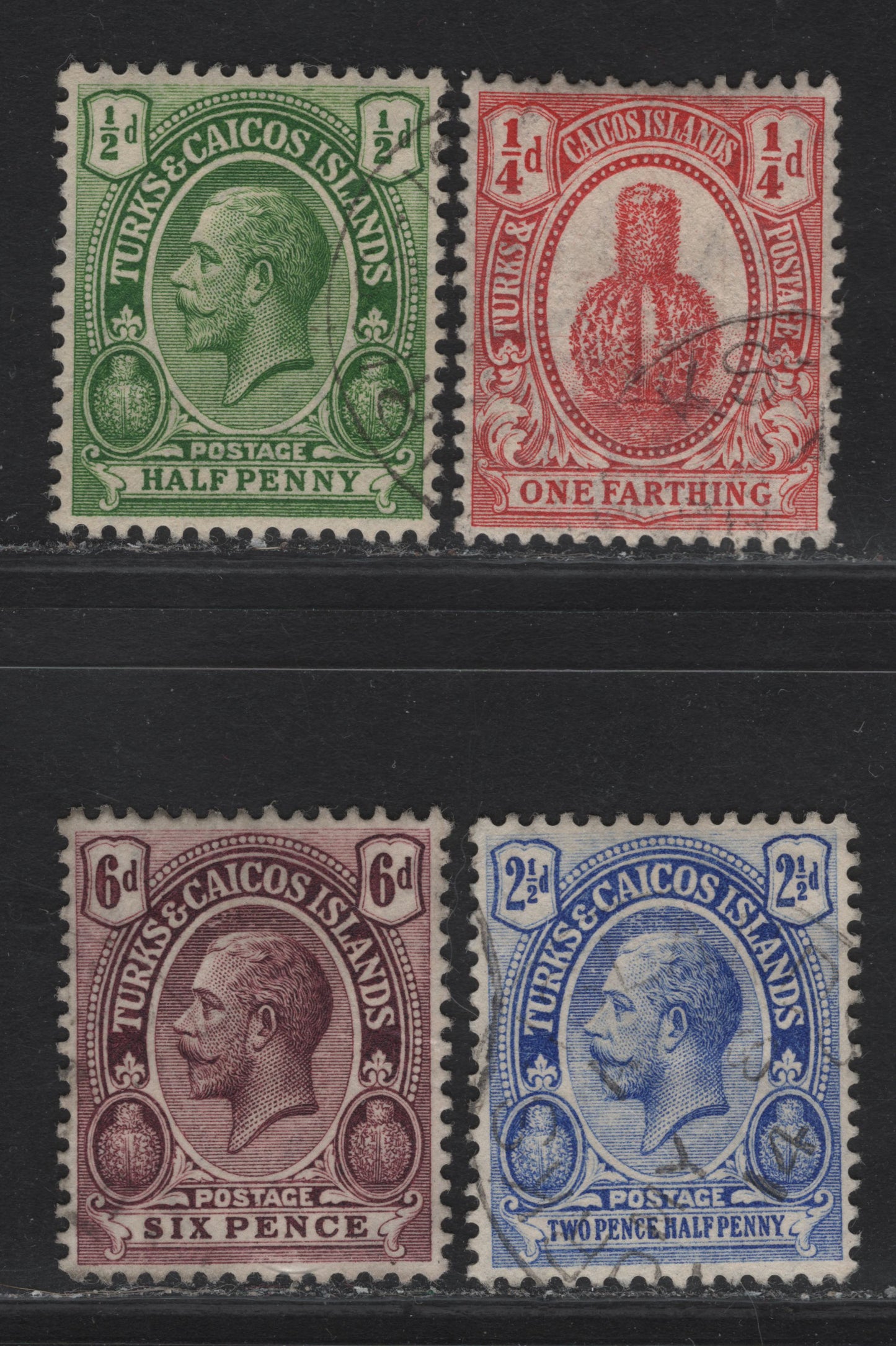 Lot 196 Turks & Caicos SG#116, 129, 132, 136 1/2d - 6d Green - Dull Purple King George V, 1913-1921 KGV Profile Heads Issue, 4 Very Fine Used Singles Multiple Crown CA Wmk, ,