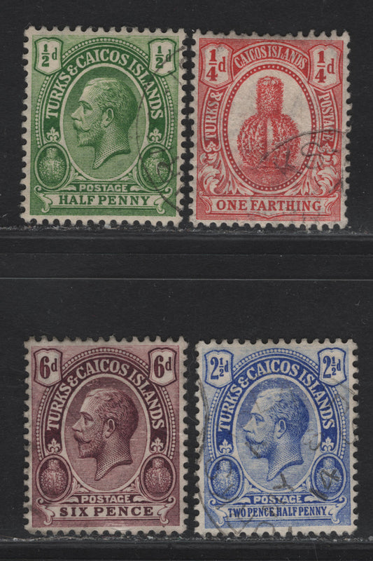 Lot 196 Turks & Caicos SG#116, 129, 132, 136 1/2d - 6d Green - Dull Purple King George V, 1913-1921 KGV Profile Heads Issue, 4 Very Fine Used Singles Multiple Crown CA Wmk, ,