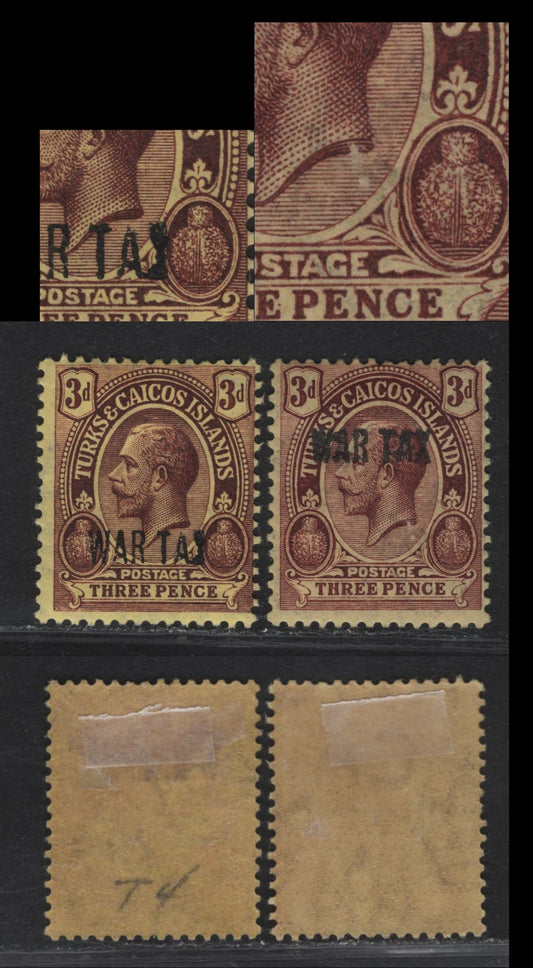 Lot 197 Turks & Caicos SG#141, 145 3d Purple on Yellow - Deep Purple on Yellow King George V, 1917 War Tax Overprints, 2 FOG Singles, Showing Scratch At Base of Bust & Badly Deformed X In 'Tax'
