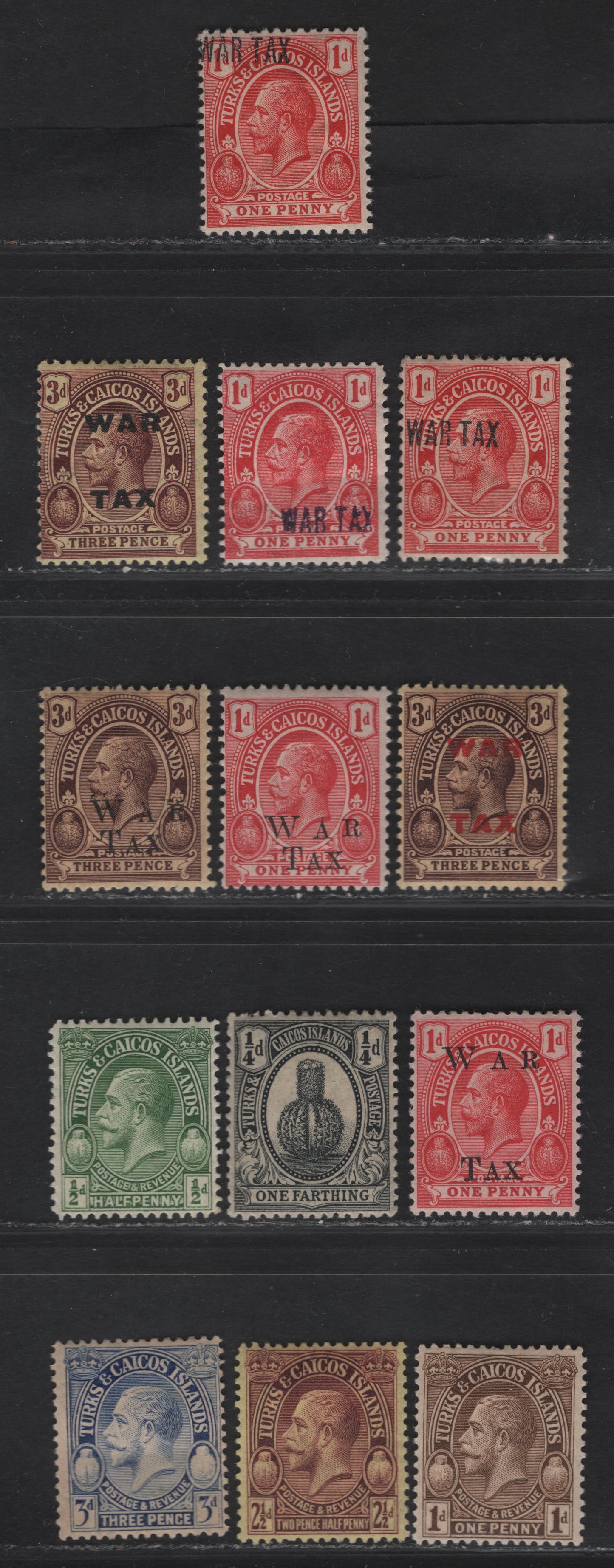 Lot 198 Turks & Caicos SG#143, 147-152, 162, 176-177, 180-181 1d - 3d Red - Bright Blue King George V, 1917-1928 War Tax - KGV Profile Heads Issues, 13 F/VFOG Singles, Script CA Wmk