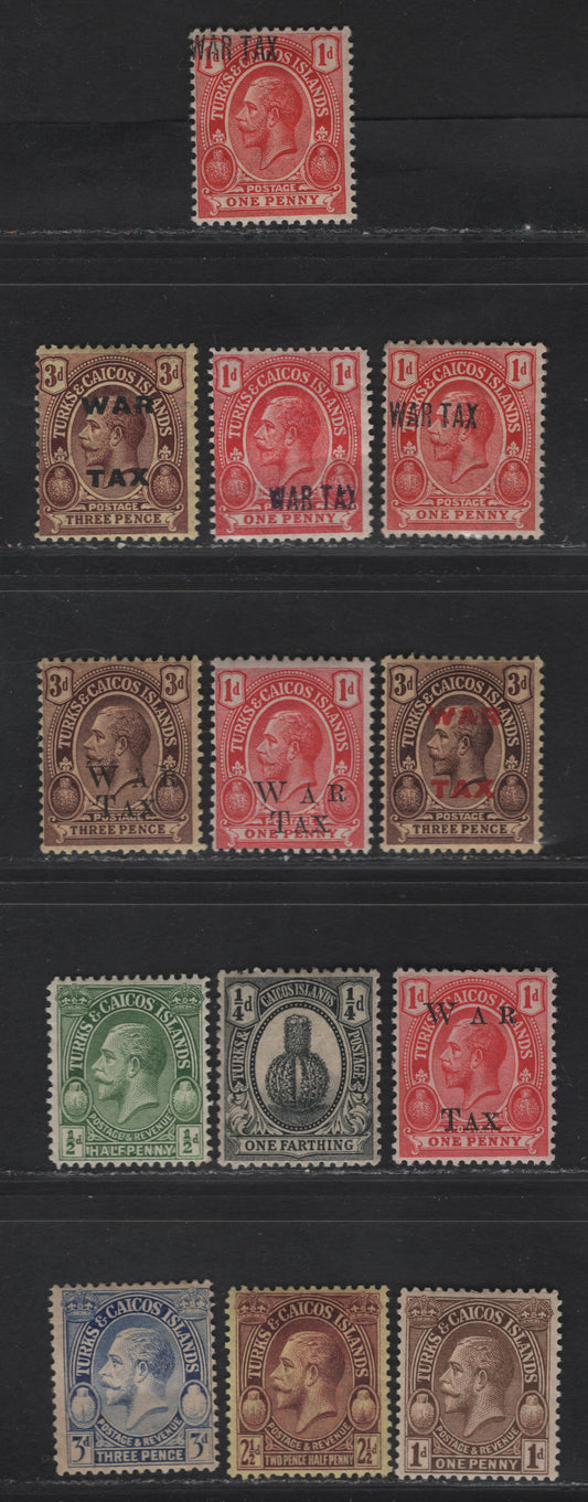 Lot 198 Turks & Caicos SG#143, 147-152, 162, 176-177, 180-181 1d - 3d Red - Bright Blue King George V, 1917-1928 War Tax - KGV Profile Heads Issues, 13 F/VFOG Singles, Script CA Wmk