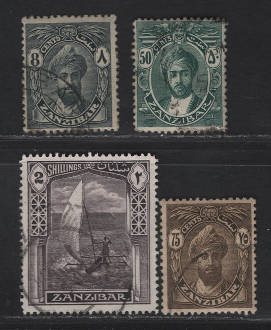 Lot 200 Zanzibar SG#253, 303, 309, 319 50c - 2/- Blue Green - Slate Violet Sultan Khalifa bin Harub, 1913-1936 Sultan Khalifa bin Harub Issue, 4 Fine/Very Fine Used Singles