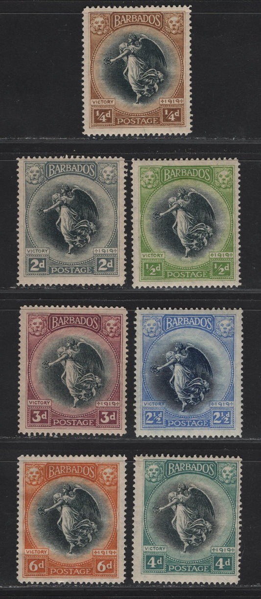 Lot 20 Barbados #201-202, 204-208 1/4d Black & Bistre Brown - 6d Black & Brown Orange, 1920-1921 Victory Issue, Wmk Multiple Crown CA, 7 F & VF OG Singles