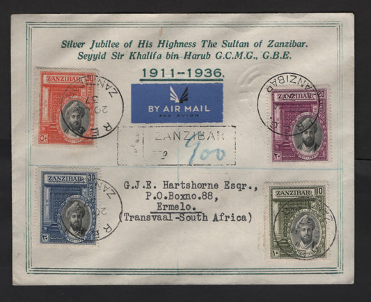 Lot 201 (C) Zanzibar SG#323-326 10c - 50c Black & Olive Green - Black & Orange Vermillion Sultan, 1936 Silver Jubilee Of Sultan Issue, A Very Fine Used Cover, Combination Use On Registered Commemorative Cover To Ermelo, South Africa