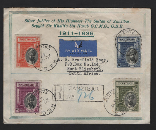 Lot 202 Zanzibar SG#323-326 10c - 50c Black & Olive Green - Black & Orange Vermillion Sultan, 1936 Silver Jubilee Of Sultan Issue, A Fine Used Cover, Combination Use On Registered Commemorative Cover To Port Elizabeth, South Africa