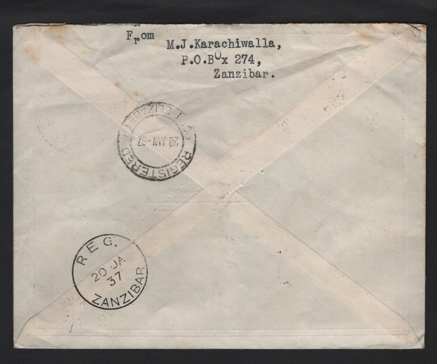 Lot 202 Zanzibar SG#323-326 10c - 50c Black & Olive Green - Black & Orange Vermillion Sultan, 1936 Silver Jubilee Of Sultan Issue, A Fine Used Cover, Combination Use On Registered Commemorative Cover To Port Elizabeth, South Africa