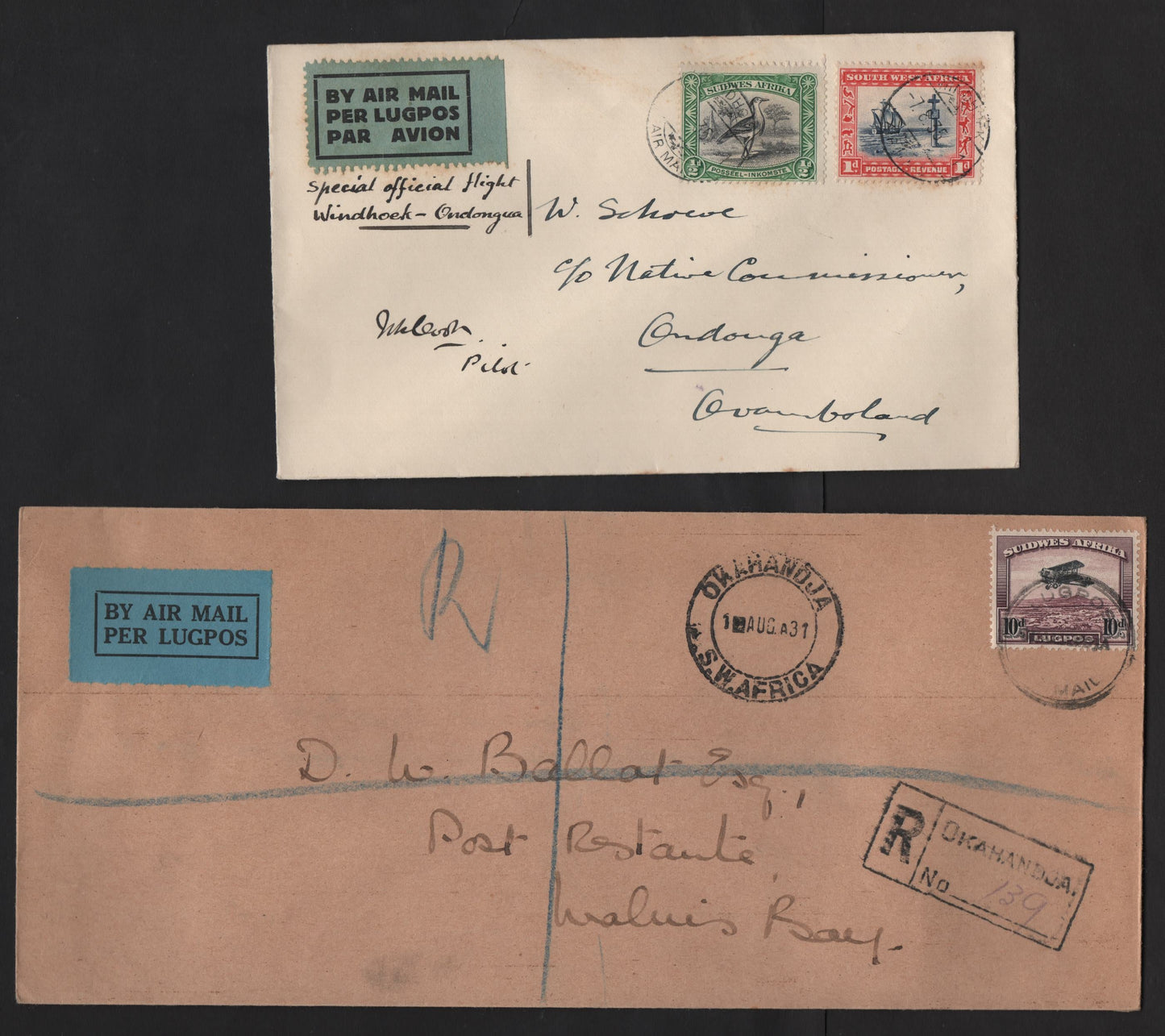 Lot 203 (C) Southwest Africa SG#74-75, 87 1/2d - 10d Black & Green - Black & Purple Brown Biplane, 1931 Pictorial Issue Airmail, A Very Fine Used Cover, 1931 Local Registered Airmail Cover To Walvis Bay & 1935 Local First Flight Cover