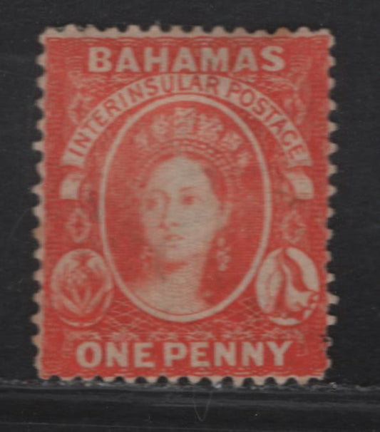 Lot 206 (C) Bahamas SG#42 1d Scarlet Vermillion Queen Victoria, 1882 Queen Victoria Chalon Heads Issue, A Fine Used Single, Cleaned Fiscal Cancel, Crown CA Wmk, Perf 14.