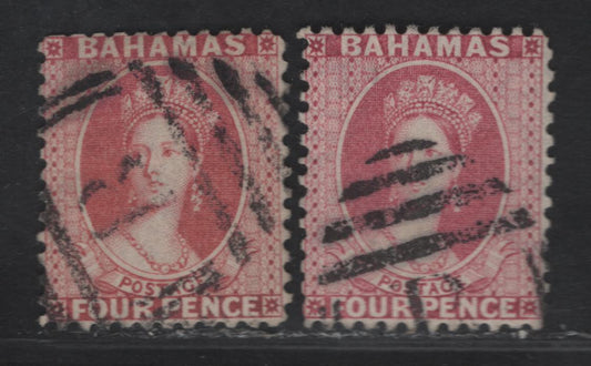 Lot 207 (C) Bahamas SG#41 4d Rose & Brownish Rose Queen Victoria, 1882 Queen Victoria Chalon Heads Issue, 2 Fine Used Singles, Crown CA Wmk, Perf 12.5, Two Distinct Shades.