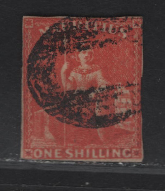 Lot 214 (C) Mauritius SG#34 1/- Vermillion Britannia, 1859-1961 Imperf Britannia Issue, A Fair Used Single