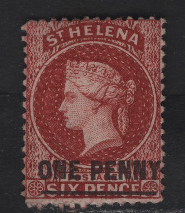 Lot 217 St. Helena SG#6 1d Lake Queen Victoria, 1864-1880 Surcharged Courbould Heads Issue, A Fine Unused Single, Crown CC Wmk, Perf 12.5