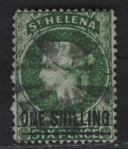 Lot 218 St. Helena SG#19 1/- Deep Green Queen Victoria, 1864-1880 Surcharged Courbould Heads Issue, A Very Fine Used Single, Perf 12.5