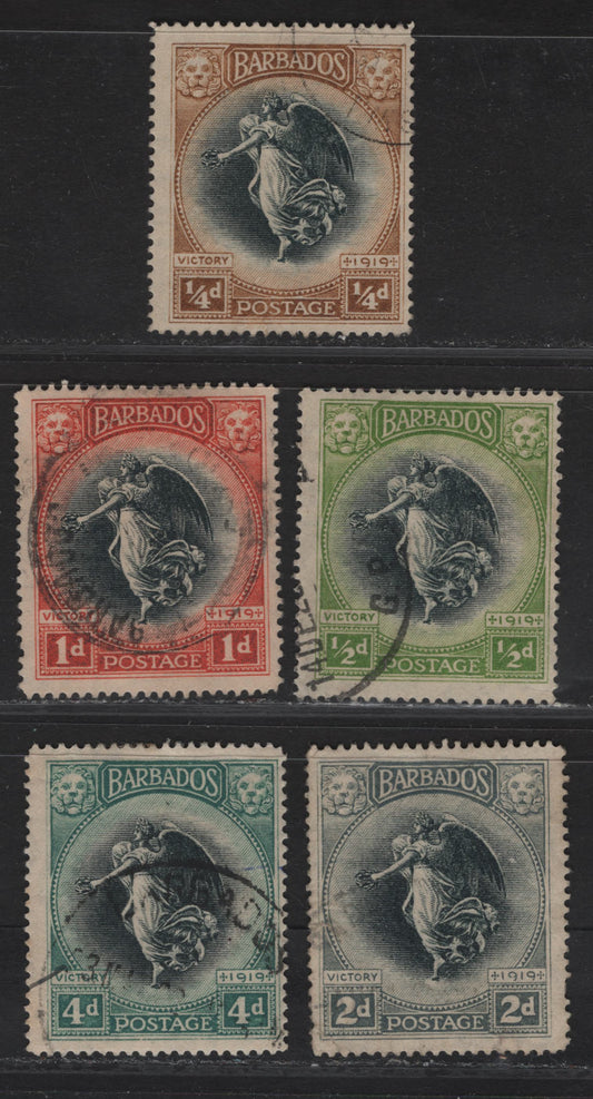 Lot 22 (C)  Barbados #201-204, 207 1/4d Black & Bistre Brown - 4d Black & Blue Green, 1920 Victory Issue, 5 F & VF Postally Used Singles