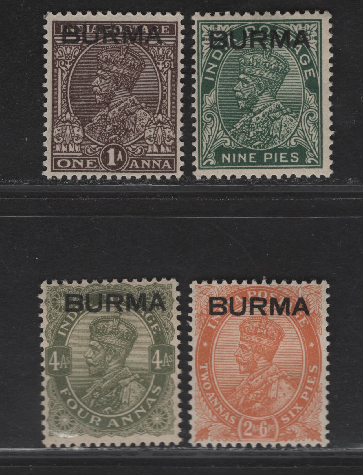 Lot 223 Burma SG#3-4, 6, 9 9p - 4a Deep Green - Sage Green King George V, 1937 Overprinted KGV Keyplates Of India Issue, 4 F/VFOG Singles