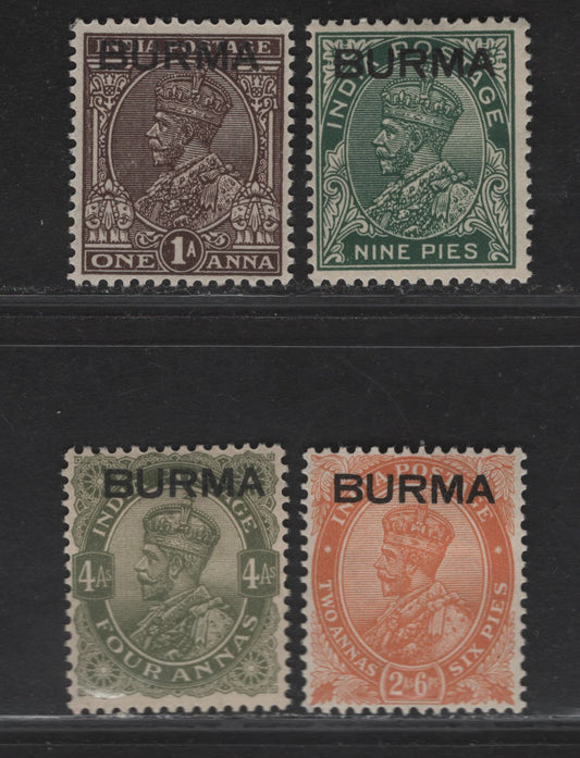 Lot 223 Burma SG#3-4, 6, 9 9p - 4a Deep Green - Sage Green King George V, 1937 Overprinted KGV Keyplates Of India Issue, 4 F/VFOG Singles