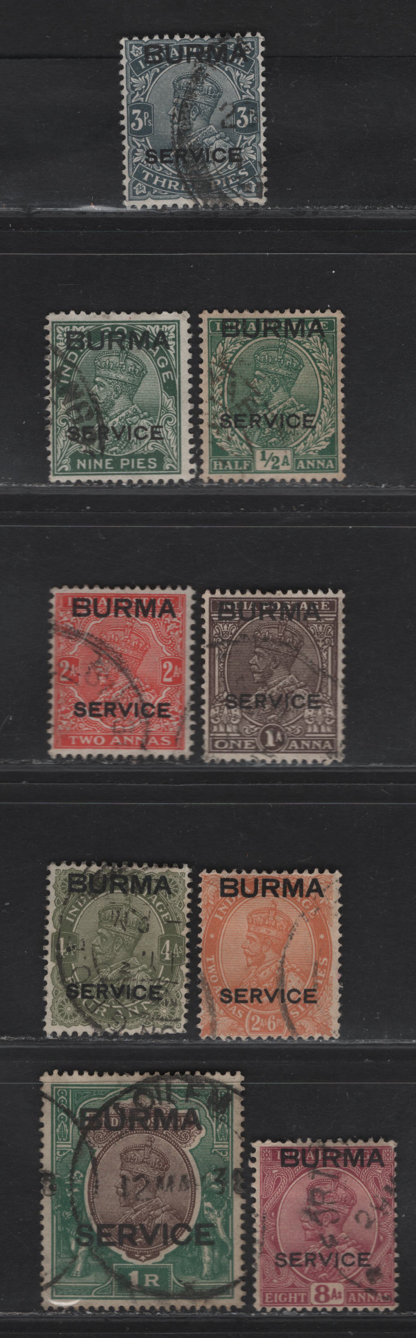 Lot 225 Burma SG#O1-O7, O9, o11 3p - 1r Slate - Chocolate & Deep Green King George V, 1937 Service Overprinted KGV Keyplates Of India Issue, 9 Fine/Very Fine Used Singles