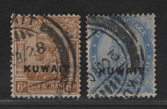 Lot 229 Kuwait SG#5, 9 2a6p - 6a Ultramarine - Brown Ochre King George V, 1923-1924 Overprinted KGV Keyplates Of India Issue, 2 Very Fine Used Singles, Single Star Wmk