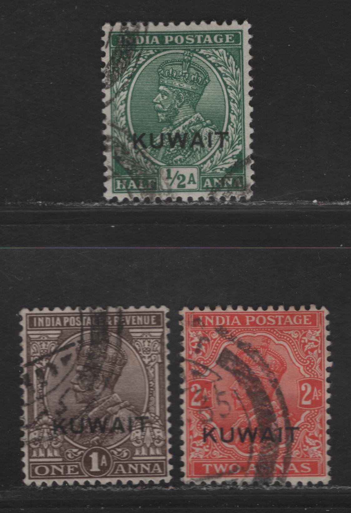 Lot 230 Kuwait SG#16b, 17, 19 1/2a - 2a Green - Vermillion King George V, 1929-1937 Overprinted KGV Keyplates Of India Issue, 3 Very Fine Used Singles, Multiple Stars Wmk