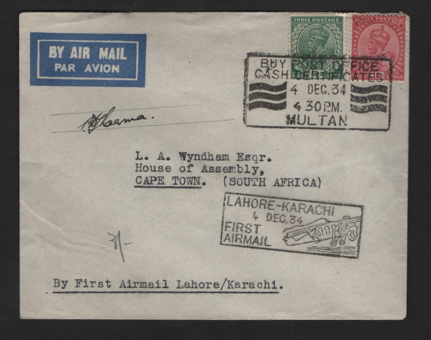 Lot 232 (C) India SG#232, 213 1/2d - 12a Green - Carmine King George V, 1926-1933 KGV Keyplates, A Very Fine Used Cover, Combination Use On 1934 First Flight Cover From South Africa, Used From Lahore Via Egypt, Multiple Star Wmk.