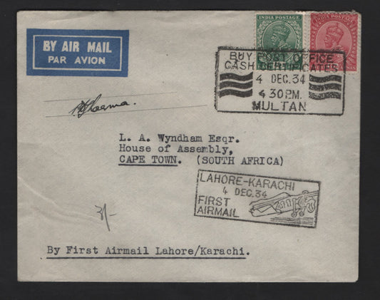 Lot 232 (C) India SG#232, 213 1/2d - 12a Green - Carmine King George V, 1926-1933 KGV Keyplates, A Very Fine Used Cover, Combination Use On 1934 First Flight Cover From South Africa, Used From Lahore Via Egypt, Multiple Star Wmk.