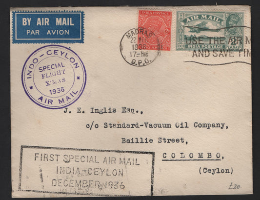 Lot 234 (C) India SG#236b, 220 2a Vermillion - Deep Blue Green King George V - Airplane, 1929-1936 KGV Keyplate & Airmail Issues, A Very Fine Used Cover, Combination Use On 1936 First Flight Cover To Ceylon  .
