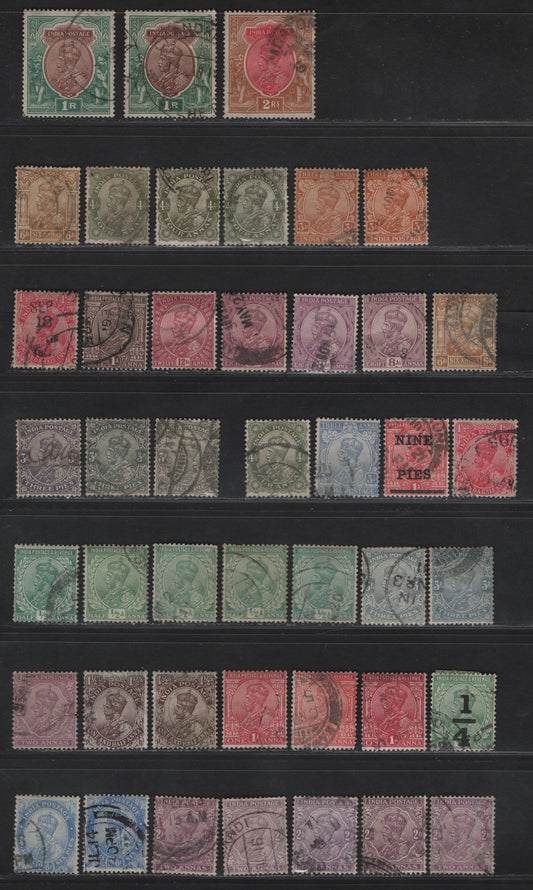 Lot 235 (C) India SG#151-161, 163-164, 166-169, 171-179, 181-182, 184-187, 192, 195, 197-198, 200 3p - 1r Gray - Red Brown & Deep Blue Green King George V, 1911-1926 KGV Keyplates, 44 Fine/Very Fine Used Singles, Most Listed & Some Unlisted Shades