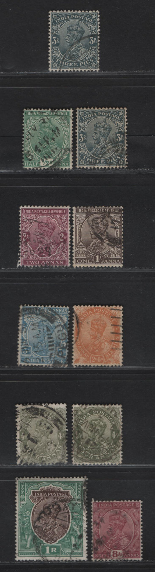 Lot 237 India SG#201-203, 206-207, 209-212, 214 3p - 1r Slate - Chocolate & Green King George V, 1926-1933 KGV Keyplates, 10 Fine/Very Fine Used Singles, Multiple Star Wmk