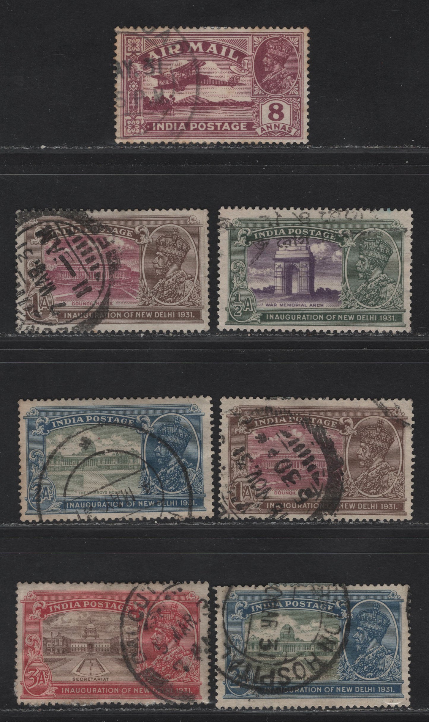 Lot 238 (C) India SG#224, 227w, 228-228w, 229-229w, 230 8a - 3a Purple - Chocolate & Carmine Airmail - Inauguration of New Delhi, 1929-1931 Airmail - Inauguration of New Delhi Issues, 7 Very Fine Used Singles