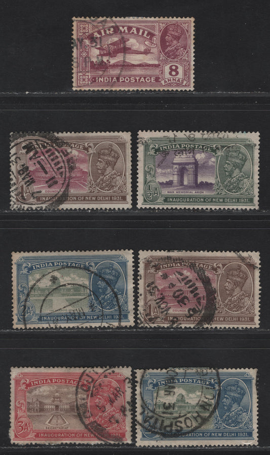 Lot 238 (C) India SG#224, 227w, 228-228w, 229-229w, 230 8a - 3a Purple - Chocolate & Carmine Airmail - Inauguration of New Delhi, 1929-1931 Airmail - Inauguration of New Delhi Issues, 7 Very Fine Used Singles
