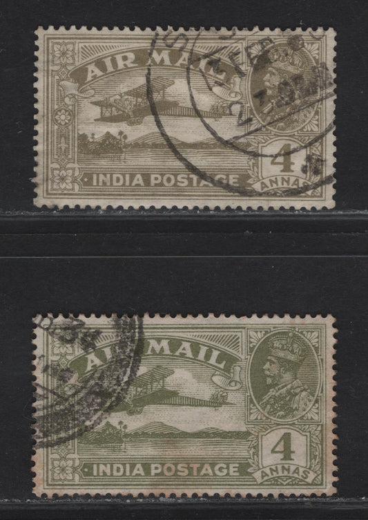 Lot 238A India SG#222var 4a Khaki de Havilland DH66, 1929 Airmail Issue, A Very Fine Used Single, Unusual & Unlisted Shade, Very Distictly Different From The Normal Olive Green, Included For Comparison.