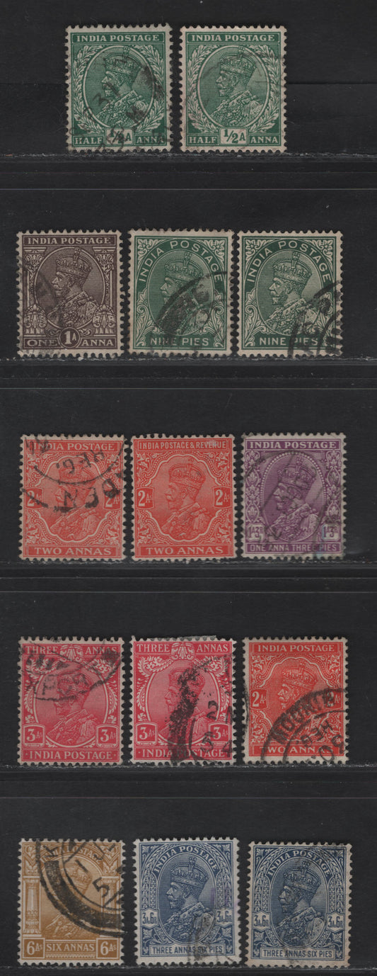 Lot 239 India SG#232-239 1/2a - 6a Green - Bistre King George V, 1932-1936 KGV Smaller Dies & Revised Color Issue, 8 Fine/Very Fine Used Singles