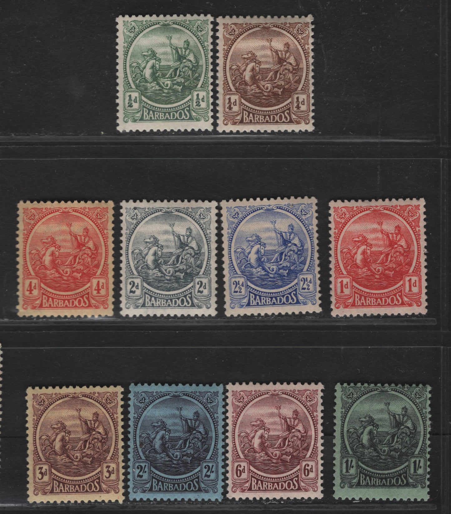 Lot 24 Barbados #213-225, 227 3d Purple On Pale Yellow - 2/- Purple On Blue, 1921-1024 Small Badge Of The Colony Definitives Issue, 10 VFOG Singles