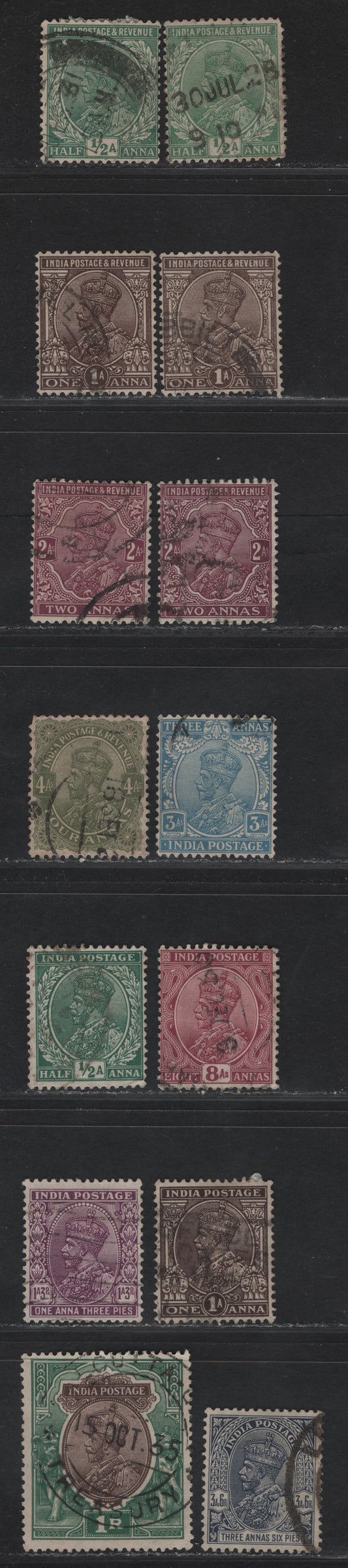 Lot 241 India SG#202w, 203w, 206w, 209w, 211w-212w, 214w, 232w, 234w, 235w, 238w 1/2a - 3a6p Green - Ultramarine King George V, 1926-1936 KGV Keyplates, 14 Fine/Very Fine Used Singles, Inverted Multiple Stars Wmk, Unlisted Shades