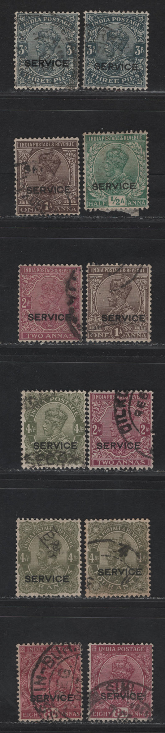 Lot 243 India SG#O109,b, O110, O111,b, O112-O115 3p - 8a Slate - Reddish Purple King George V, 1926-1931 Overprinted KGV Keyplates Of India Issue, 7 Fine/Very Fine Used Singles, Multiple Stars Wmk