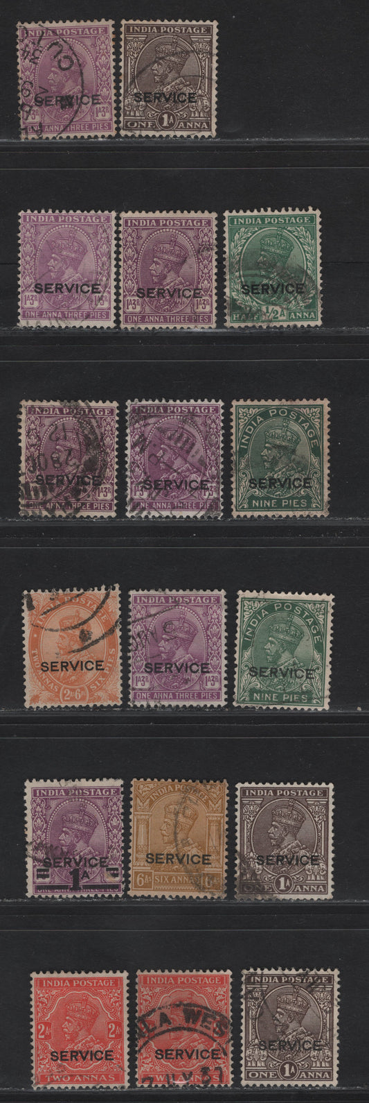 Lot 244 India SG#O122-O128, O131, O139 1/2a - 6a Green - Bistre King George V, 1932-1936 Overprinted KGV Keyplates Of India Issue, 9 Fine/Very Fine Used Singles, Redrawn Dies & New Colors