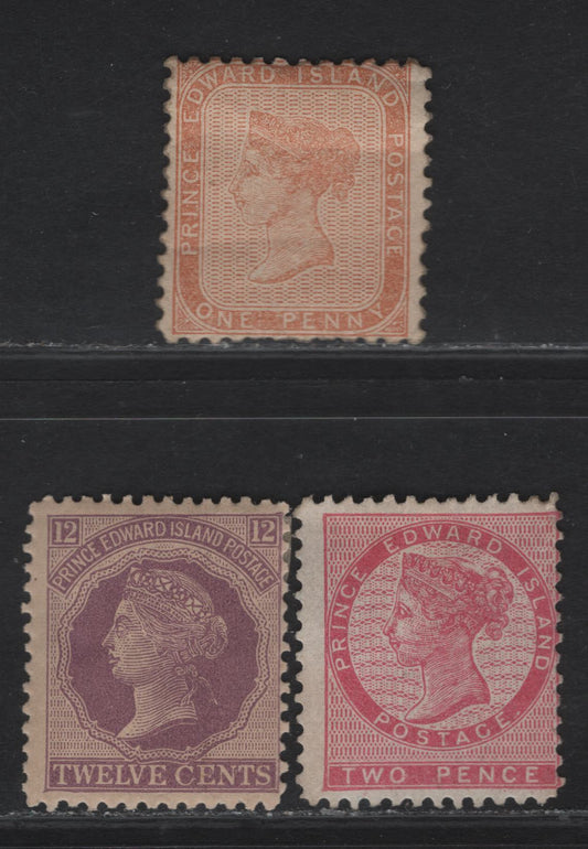 Lot 246 (C) PEI #4a, 5, 16 1d - 12c Brown Orange - Violet Queen Victoria, 1862-1872 Pence & Cents Issues, 3 VG/FOG & Unused Singles, Perfs 11, 11.75 & 12x12.25, 2d Has No Gum, 1d Has An Internal Crease.