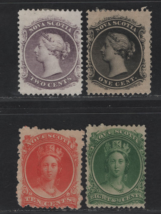 Lot 249 (C) Nova Scotia #8-9, 11-12 1c - 10c Black - Vermillion Queen Victoria, 1860-1863 Cents Issue, 4 VG/F/VFOG Singles, Perfs 11.75 & 12, Paper Types Cents G & H