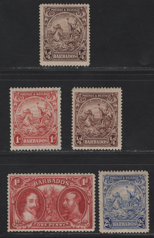 Lot 25 Barbados SG#229, 231c, 233a, 240 1/4d - 2.5d Deep Brown - Bright Ultramarine King George V, 1925-1935 KGV Postage & Revenue Colonial Badge Issue, 5 F/VFOG Singles, Includes 1932 Wide Printing Of 1d, 2d Is Scarcer Shade