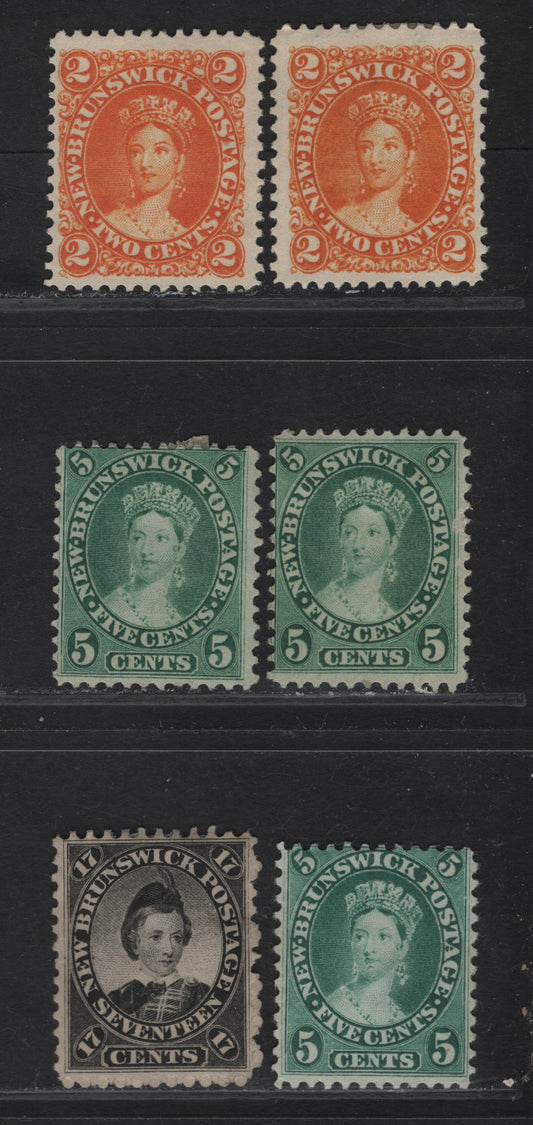 Lot 251 (C) New Brunswick #7,c, 8-a, 11 2c - 17c Yellow Orange - Black Queen Victoria, 1860 Cents Issue, 5 Very Good/Fine Unused Singles, Perfs 12x11.75, 12 & 11.75, Paper Types Cents-J,E,A,K & L