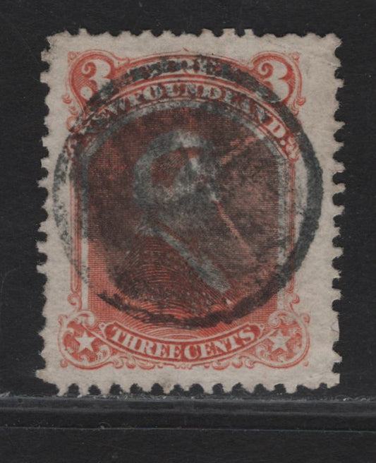 Lot 254 (C) Newfoundland #33 3c Vermillion Queen Victoria, 1868-1894 2nd Cents Issue, A Fine Used Single, Perf 12x11.75, paper Cents-E, Small Corner Crease At UR, Jumbo Size Margins For This Issue.