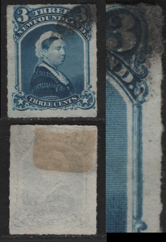 Lot 255A (C) Newfoundland #39ii 3c Dark Blue Queen Victoria, 1876-1879 3rd Cents Issue, A Fine Used Single, Rouletted, Showing A Less Dramatic Version Of The 'Falling Rocks'Variety In The Right Margin