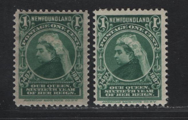 Lot 259 (C) Newfoundland #61, 61i 1c Deep Green Queen Victoria, 1897 Discovery of Newfoundland Issue, 2 FOG Singles, Normal & Thin Oily Papers