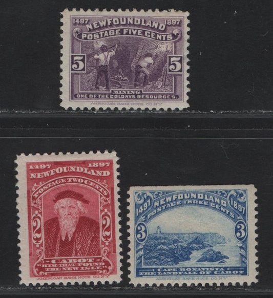 Lot 260 (C) Newfoundland #62-63, 65 2c - 5c Lake - Violet John Cabot - Mining, 1897 Discovery of Newfoundland Issue, 3 FOG Singles, Papers ABNN-A, C & D, Perfs 11.9x12 & 12x11.9