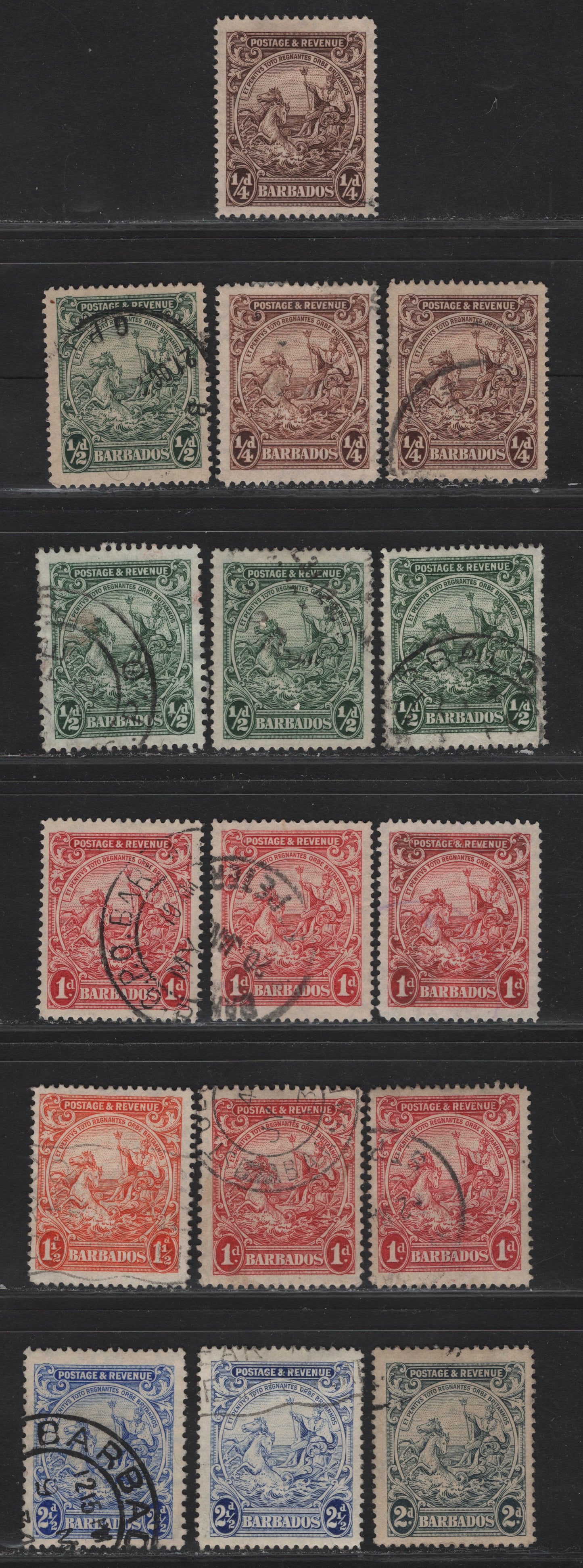 Lot 26 Barbados SG#229-233ab 1/4d - 2.5d Deep Brown - Bright Ultramarine King George V, 1925-1935 KGV Postage & Revenue Colonial Badge Issue, 16 Fine/Very Fine Used Singles, Shades & Both Perfs 14 & 13.5x12.5 For The 1/2d, 1d &2.5d