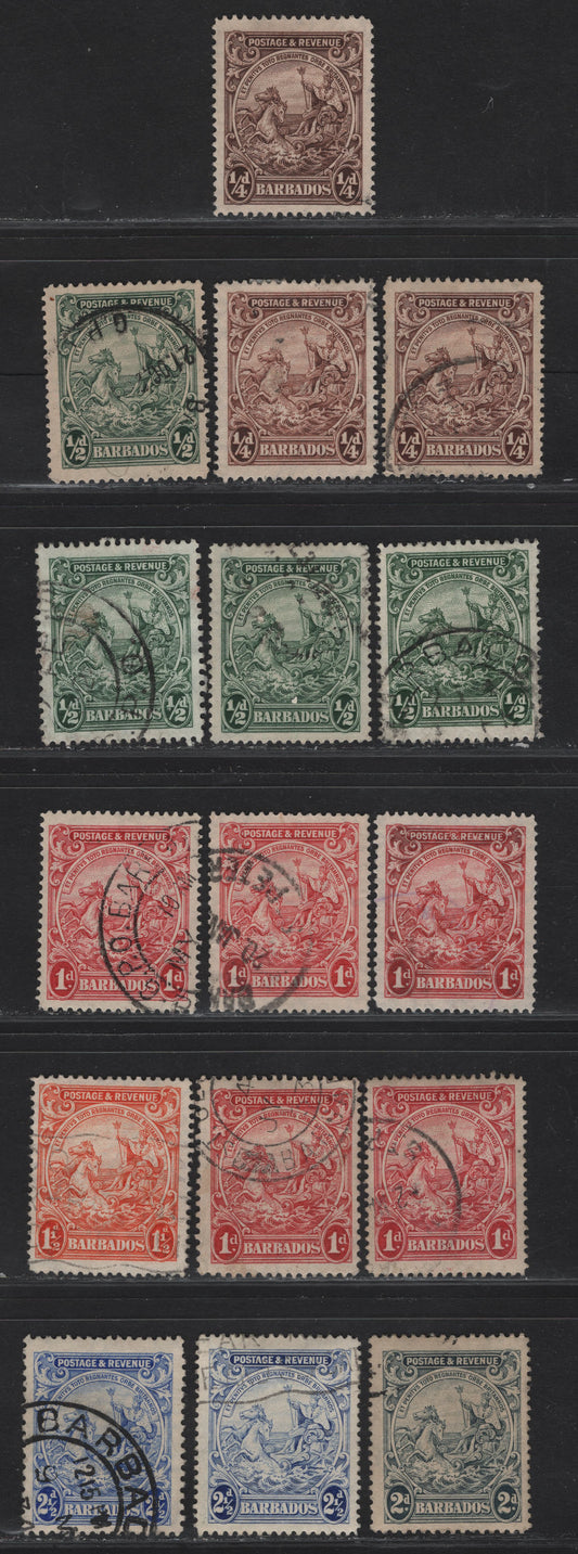 Lot 26 Barbados SG#229-233ab 1/4d - 2.5d Deep Brown - Bright Ultramarine King George V, 1925-1935 KGV Postage & Revenue Colonial Badge Issue, 16 Fine/Very Fine Used Singles, Shades & Both Perfs 14 & 13.5x12.5 For The 1/2d, 1d &2.5d