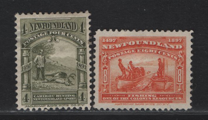 Lot 261 (C) Newfoundland #64, 67 4c - 8c Olive Green - Orange Caribou Hunting - Fishing, 1897 Discovery of Newfoundland Issue, 2 VGOG & Very Fine Unused Singles, Papers ABNN-A & E, Perfs 12 & 11.9x12, 4c Has A Hinge Thin And A Gum Crease.