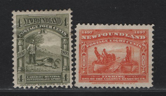 Lot 261 (C) Newfoundland #64, 67 4c - 8c Olive Green - Orange Caribou Hunting - Fishing, 1897 Discovery of Newfoundland Issue, 2 VGOG & Very Fine Unused Singles, Papers ABNN-A & E, Perfs 12 & 11.9x12, 4c Has A Hinge Thin And A Gum Crease.